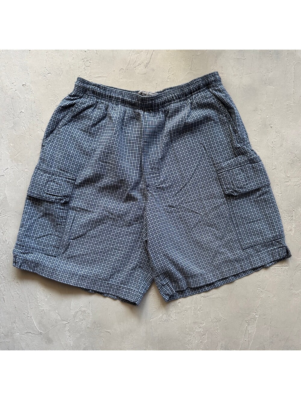 Vintage 90s Boxer Blue Plaid Cargo Lounge Shorts Size S Cotton Drawstring